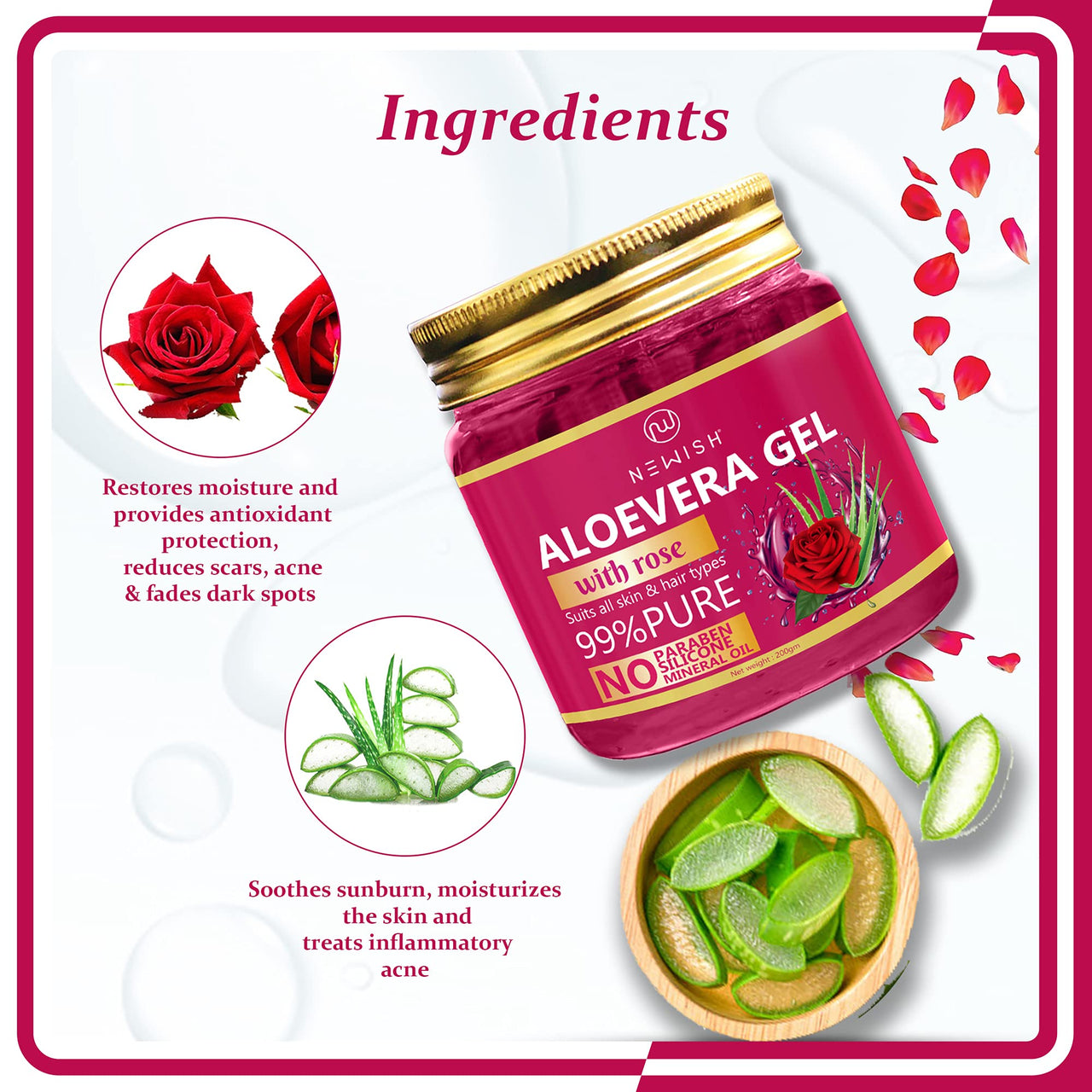 Newish 99% Pure Aloe Vera Gel with Rose for Face & Skin Care - 200 GM