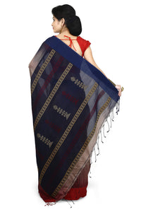 WoodenTant Women’s Ikkat Cotton Silk Saree In Pink with White Cotton Thread work