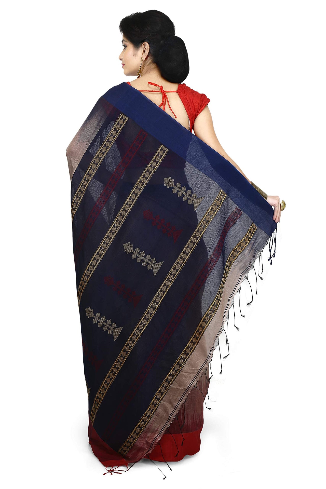 WoodenTant Women’s Ikkat Cotton Silk Saree In Pink with White Cotton Thread work