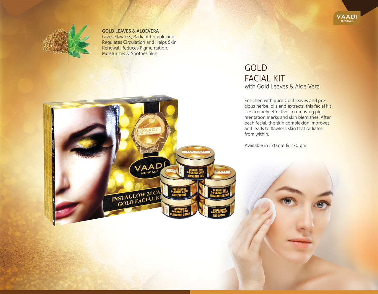 Vaadi Herbals Gold Facial Kit 24 Carat Gold Leaves, Marigold Wheatgerm Oil and Lemon Peel Extract, 110g