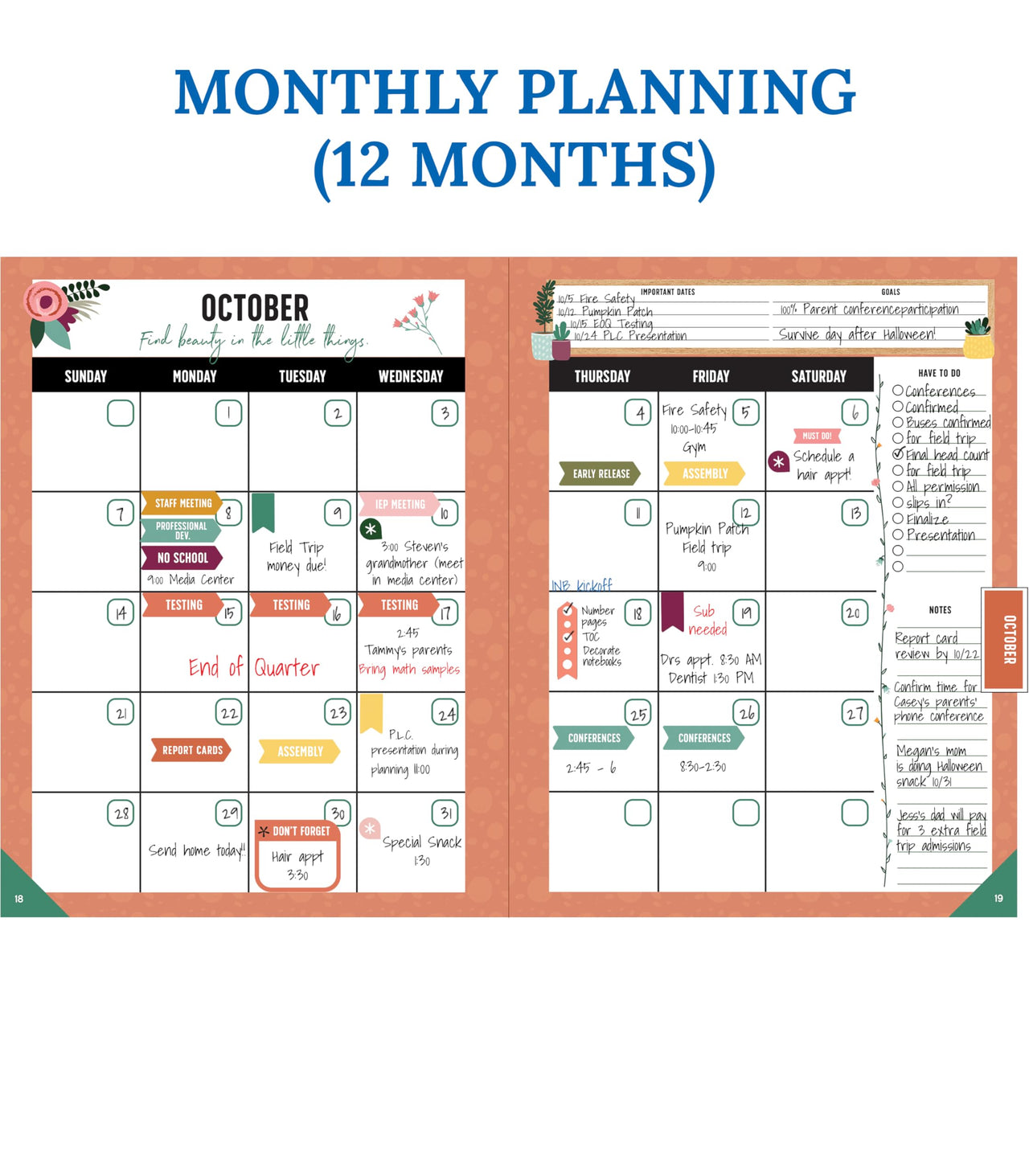 Carson Dellosa Grow Together Teacher Planner, 8" x 11" Spiral Bound Planner With Planner Stickers, Undated Daily Planner, Weekly & Monthly Planner, School Supplies for Classroom Organization