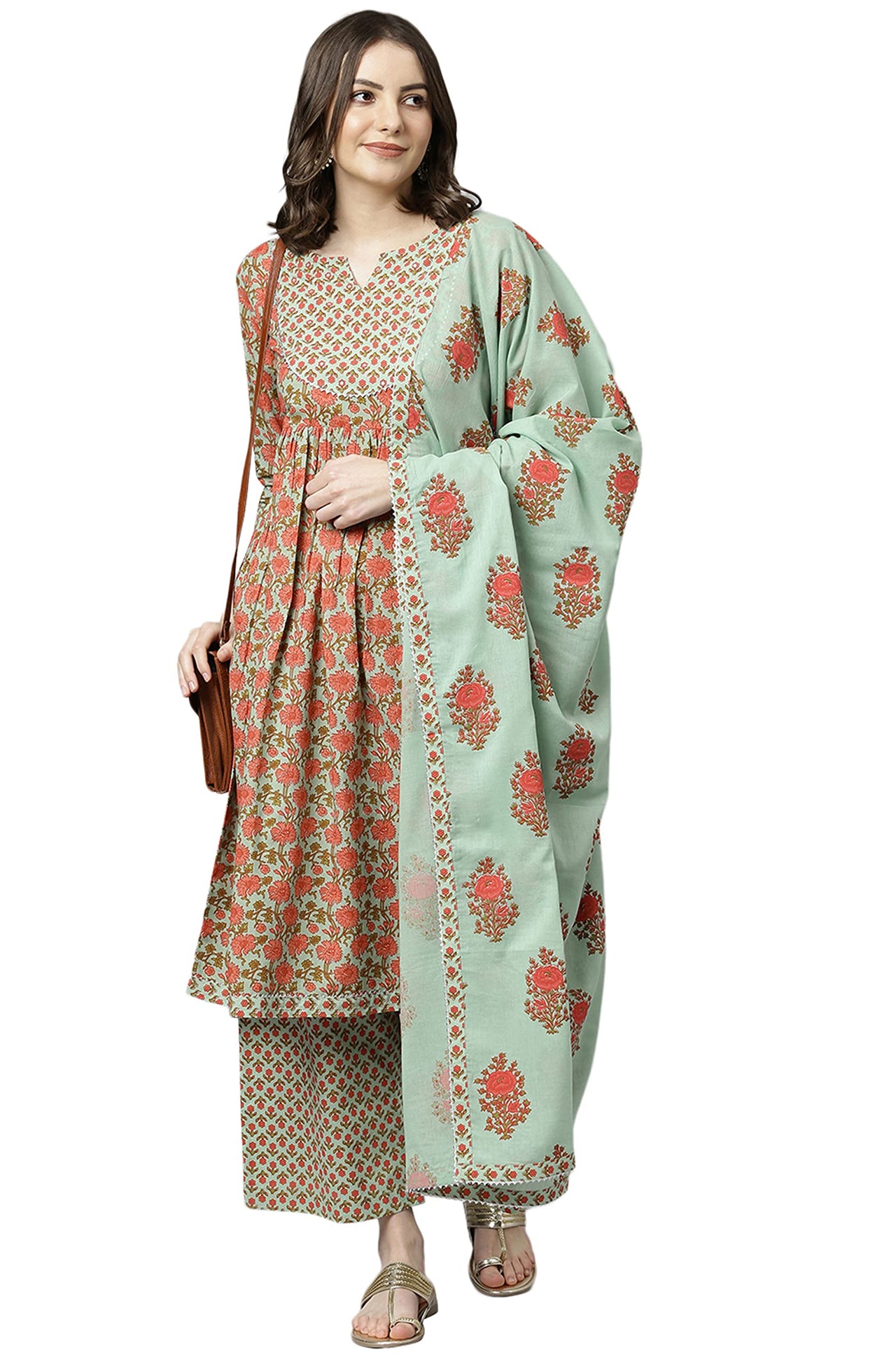 Janasya Women's  Light Green Cotton Kurta With Palazzo And Dupatta