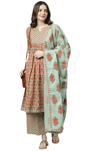 Janasya Women's  Light Green Cotton Kurta With Palazzo And Dupatta