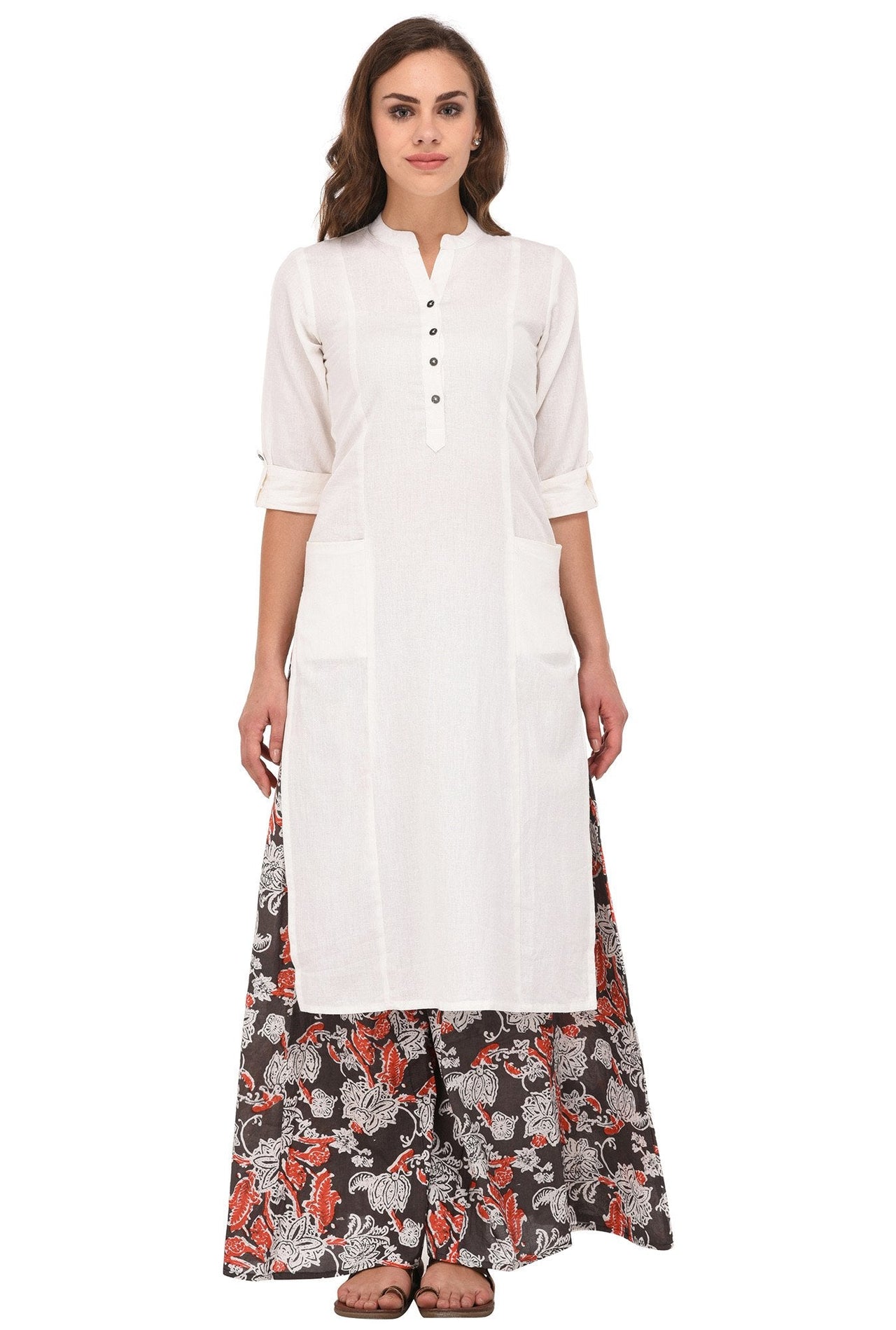 Pistaa's  Women's  White Solid Cotton Kurta with Two Patch Pockets