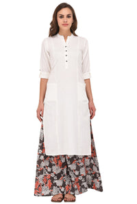 Pistaa's  Women's  White Solid Cotton Kurta with Two Patch Pockets