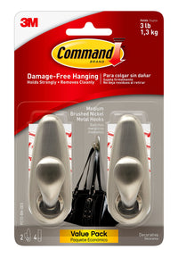 Command Forever Classic Medium Metal Wall Hooks, Damage Free Hanging Wall Hooks with Adhesive Strips, No Tools Wall Hooks for Hanging Decorations in Living Spaces, 2 Metal Hooks and 4 Command Strips Medim