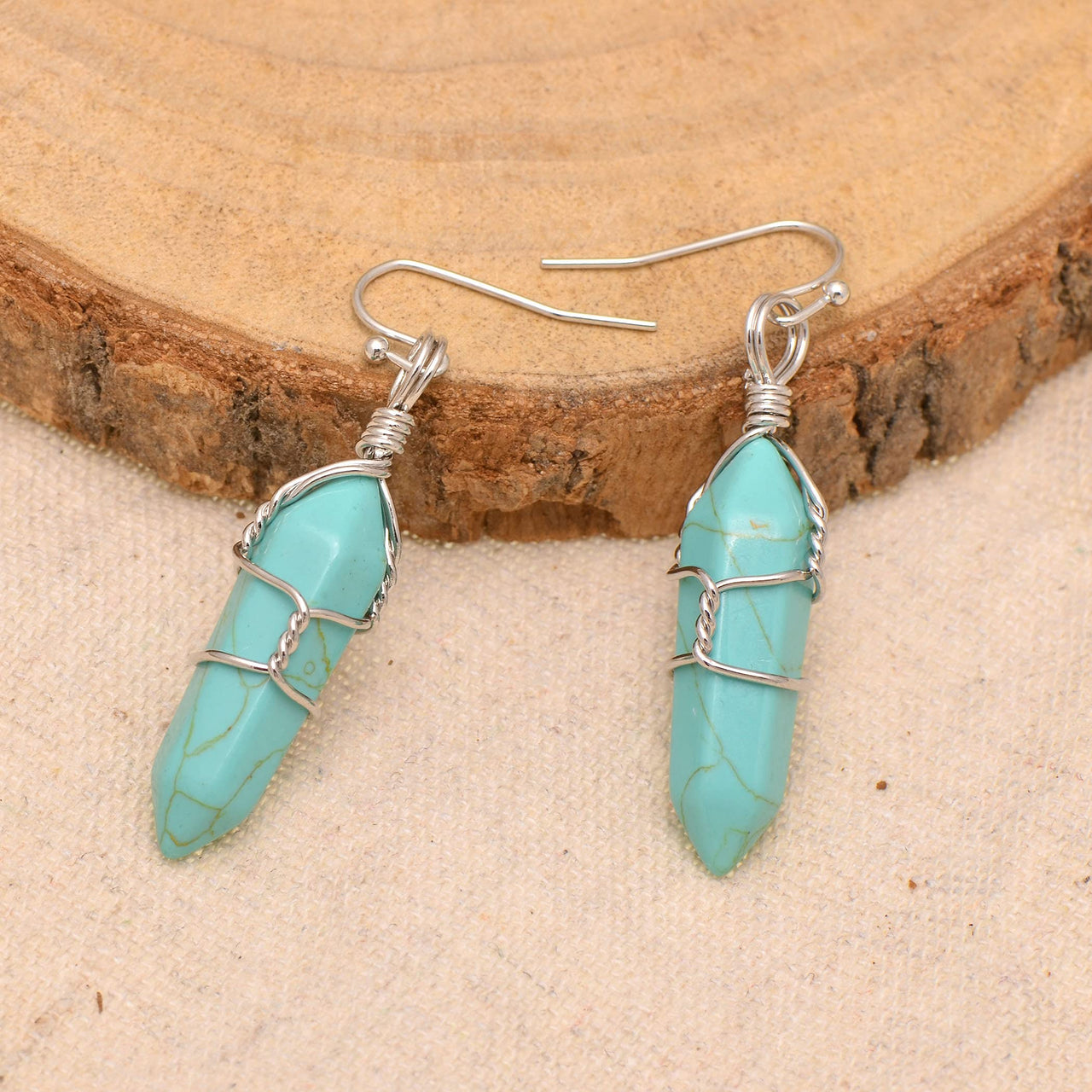 Enhanced Turquoise Wire Wrapped Point Crystal Earrings for Women Reiki Energy Healing Created Turquoise