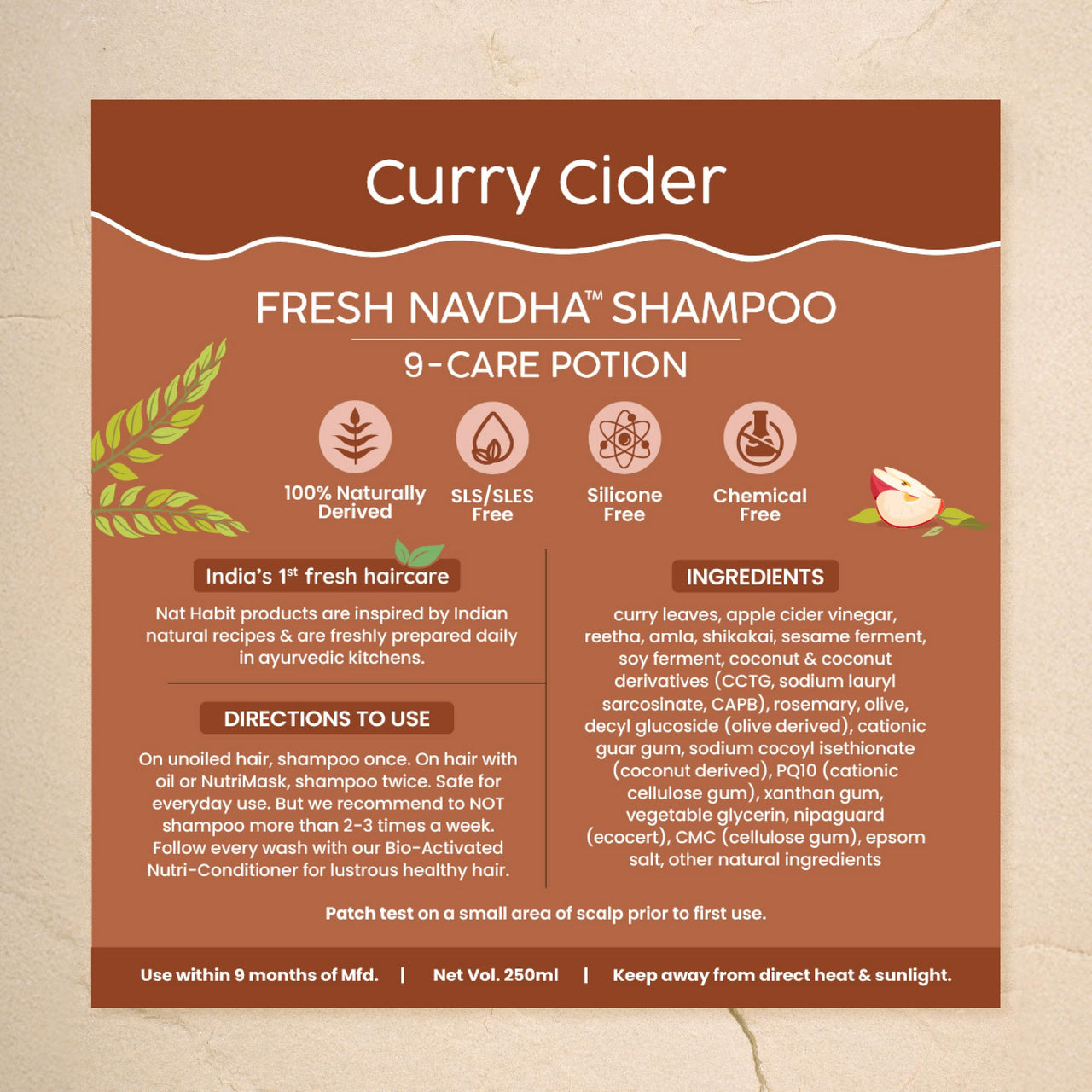 Nat Habit Curry Cider Navdha Shampoo - Natural Cleanser for Women & Men, Enhances Immense Shine, Retains and Imparts Moisture, For Strong & Sunny Shine Hair, 250ml