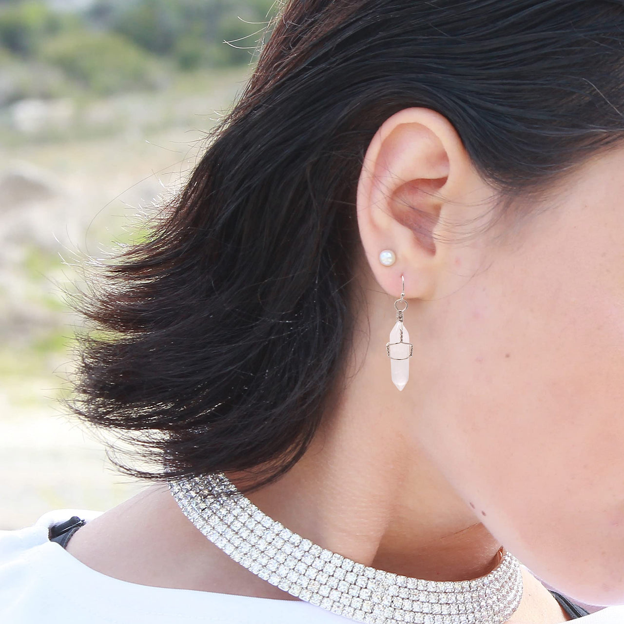 Paialco Hand Wired Healing Crystal Point Chakra Dangling Earrings for Women White Quartz