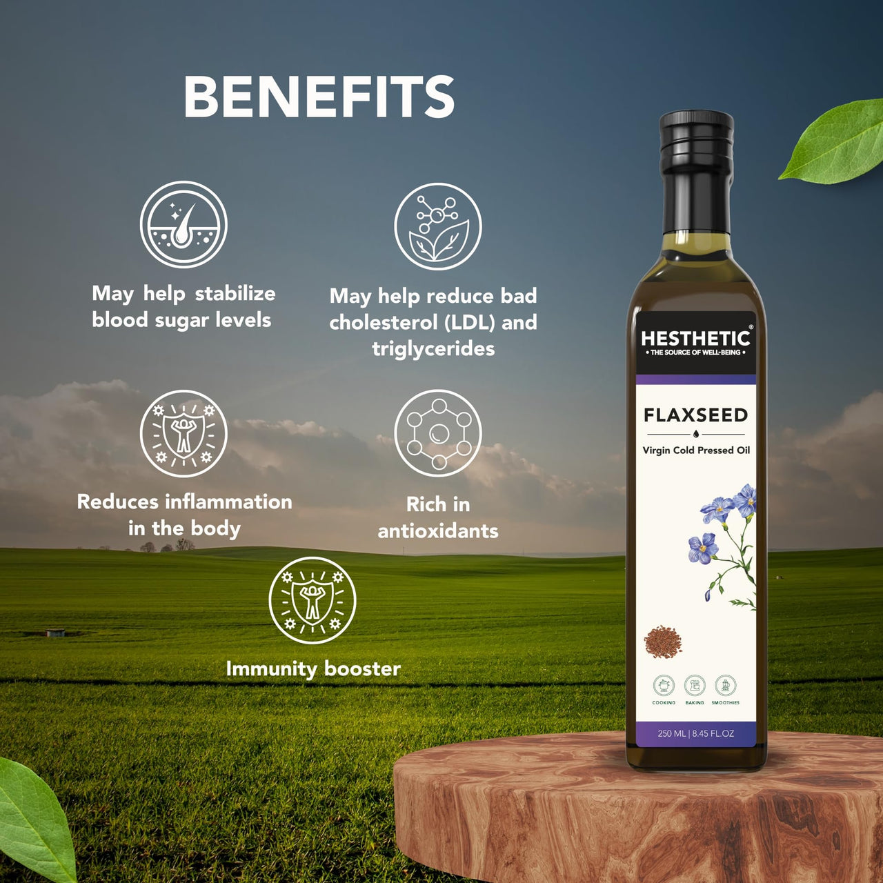 HESTHETIC Virgin Cold Pressed Flaxseed (Alsi) Oil | 100% Pure & Natural - 250 ml | Glass Bottle