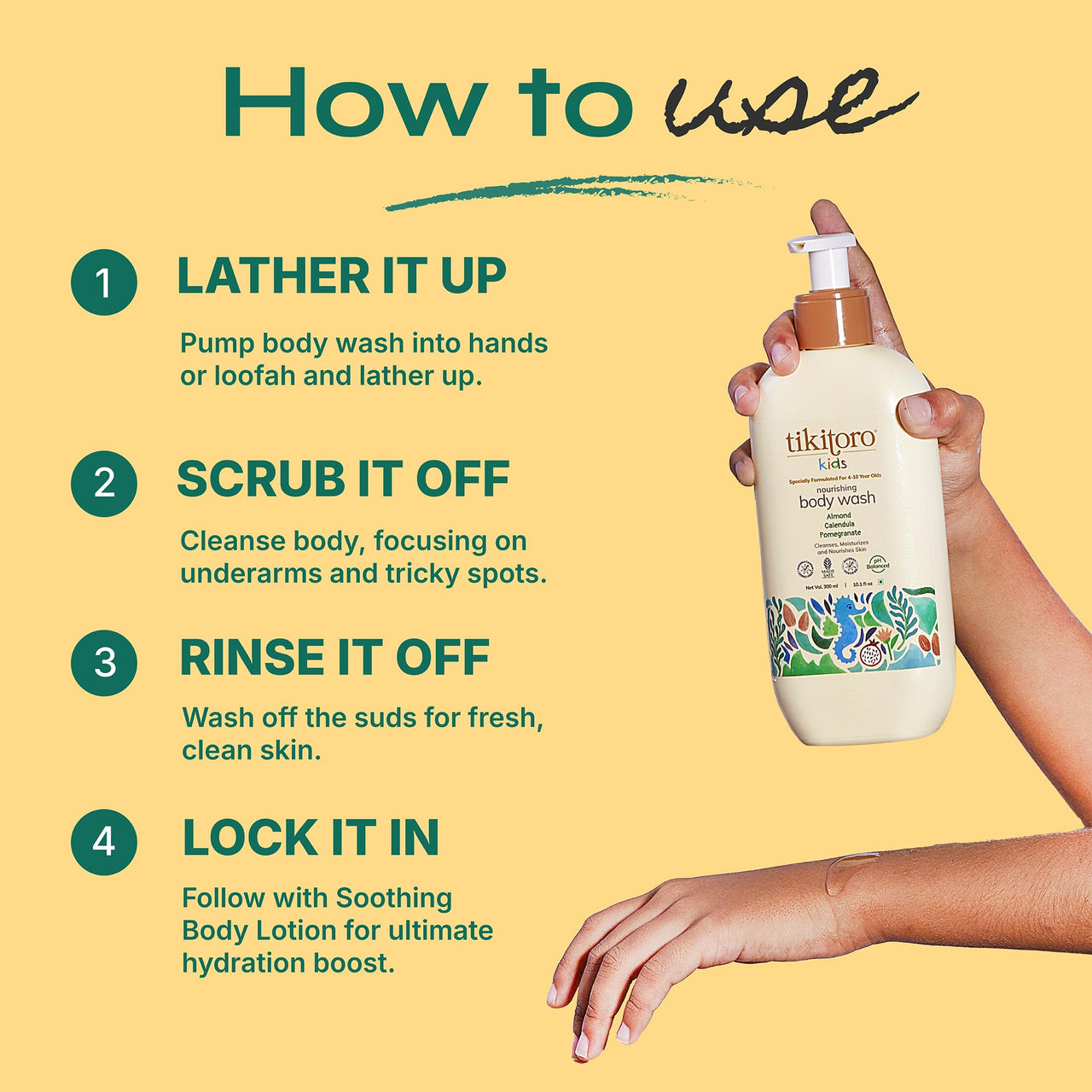 Tikitoro Kids Nourishing Body Wash | Pediatrician Approved | Vegan | Cleanses, Moisturizes & Nourishes Skin | Almond, Calendula, Pomegranate Extract | No Parabens & Sulphates, Age 4+ years (300ml)