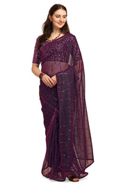 Amrutam Fab Women's  Embellished Net Pink Saree with unstitched Sequences velvet Blouse Piece