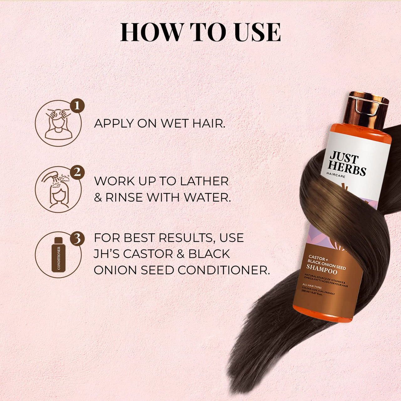 Just Herbs Castor and Black Onion Seed Sulfate Free Shampoo- 200ml & Just Herbs Castor Conditioner with Onion Black Seed Oil & Bhringraj -100 ml