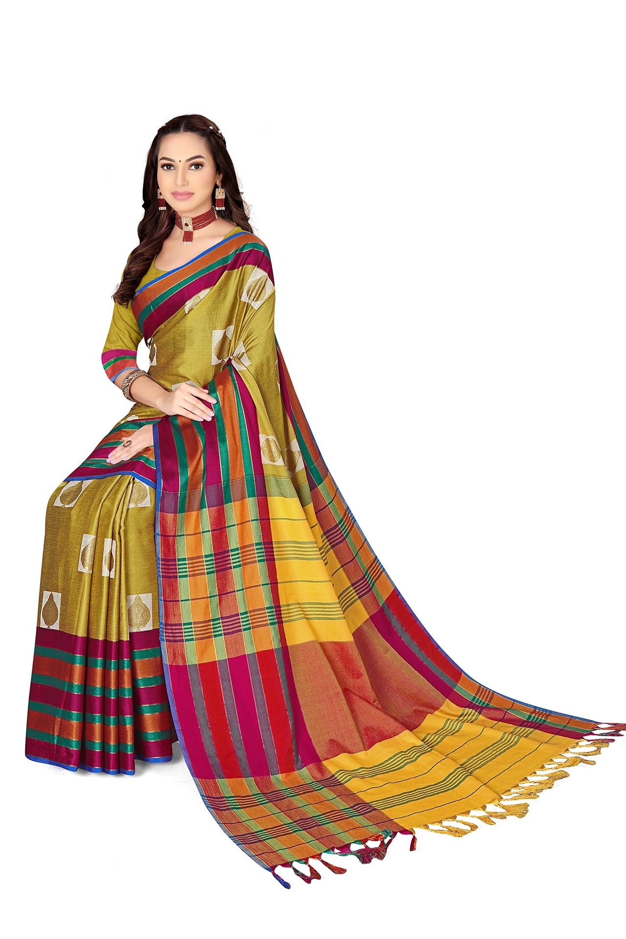 GRECIILOOKS Women's  Art Cotton Silk With Golden Border Printed Soft Silk Saree With Blouse Piece