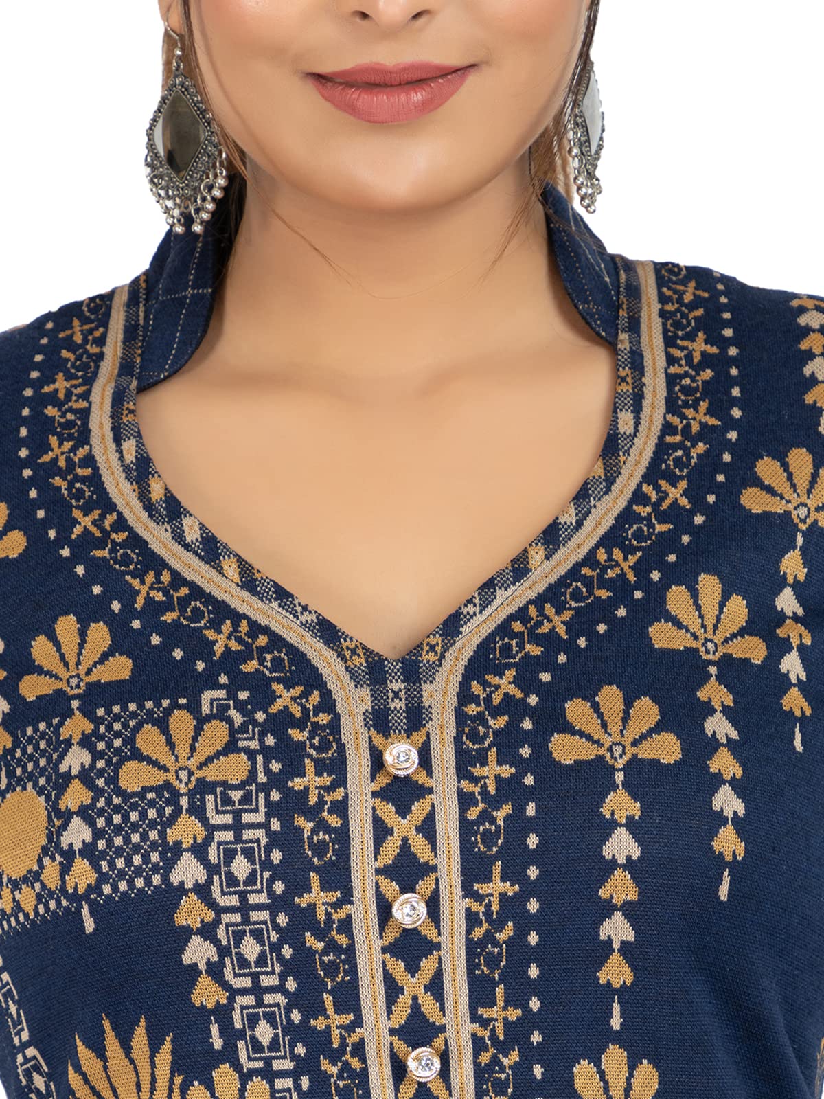 Rosary Women's  Woolen Winter Wear Mandarin Neck Full Sleeve Two Side Pocket Straight Kurta with Palazzo & Stole Set of 3 pc M Navy