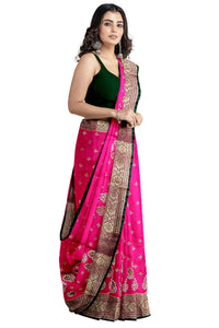 Shravanya Women's  Banarasi Silk Saree with Designer Embroidery and Stone Work with Jacquard Pallu, Border and Plain Unstitched Blouse Piece