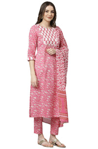 Janasya Women's  Pink Cotton Kurta with Pant and Dupatta