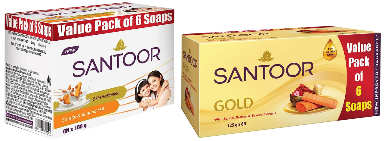Santoor Gold Soap With Saffron, Sandal & Sakura Extracts, 125G (Pack Of 6) And Sandal & Almond Milk Soap, 150 G (Pack Of 6)