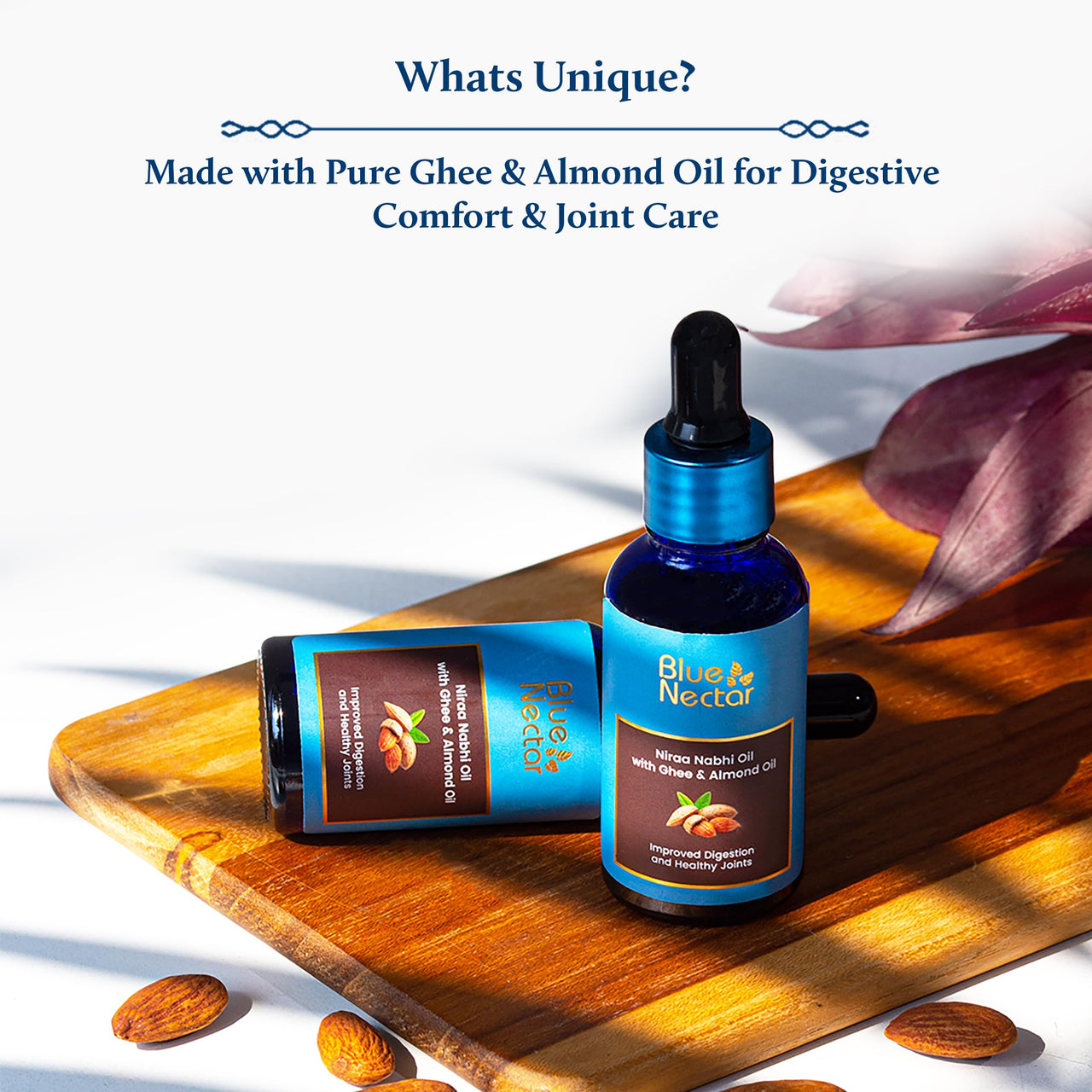 Blue Nectar Nabhi Oil with Ghee & Almond Oil | Belly Button Oil for Digestion & Joint Support | For Managing Knee, Back, & Bodyache | Chemical-Free Ayurvedic Nabhi Oil (21 Herbs, 30 ml)