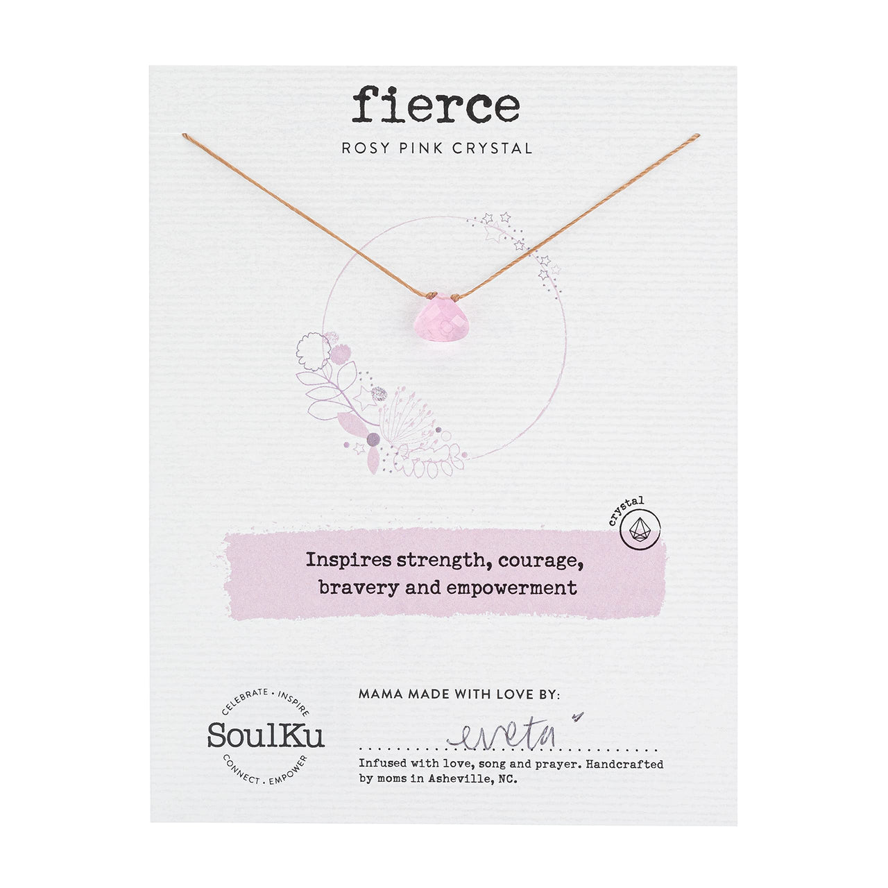 SoulKu Soul Shine Handmade Necklace, Empowering Jewelry With Healing Crystal, Inspirational Jewelry For Women, Mom & Sister, 2"" Extender With Lobster Clasp, 16"" Nylon Cord (Rosy Pink, Fierce) Rosy Pink