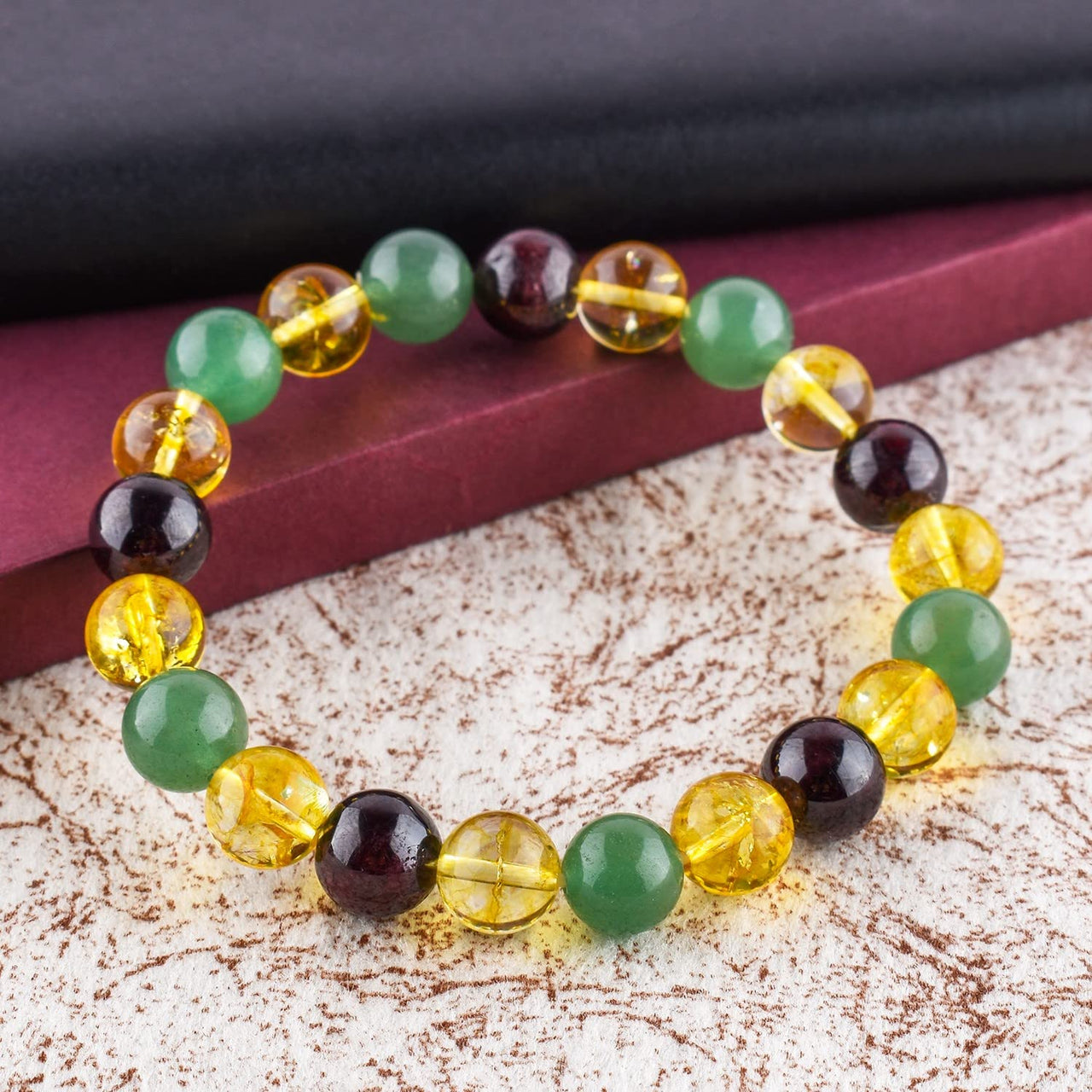 Triple Crystal Money Bracelet - Red Garnet - Citrine - Green Aventurine Handmade Bracelet Stretchable Genuine Round Beaded 10mm Unisex Jewelry Chakra Healing Crystals - Success - Bohemian Triple_B