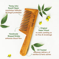 Nat Habit - Kacchi Neem Wooden Comb - Soaked In 17 Herbs, Neem & Sesame Oil For Multi-Actions - Detangling, Frizz Control & Shine (Dual Tooth, Fine Tooth & Wide Tooth) Combo Pack of 3