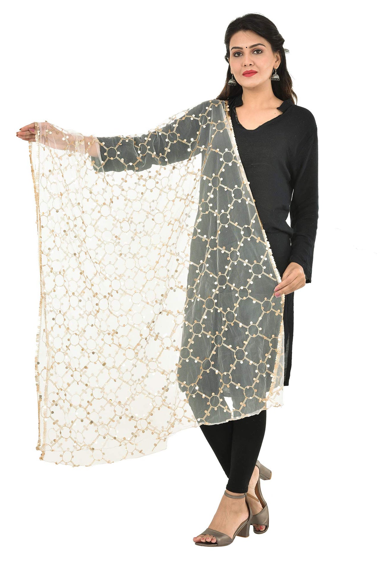 YOUTHQUAKE Heavy Embellished Plastic Mirror Net Dupatta for Womens & Girls