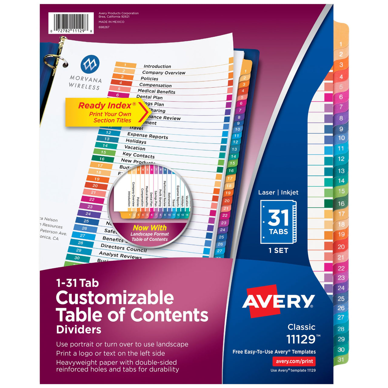 Avery 1-31 Tab Dividers for 3 Ring Binders, Customizable Table of Contents, Multicolor Tabs, 1 Set (11129) Divider