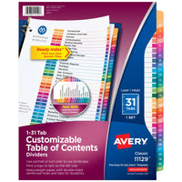 Avery 1-31 Tab Dividers for 3 Ring Binders, Customizable Table of Contents, Multicolor Tabs, 1 Set (11129) Divider
