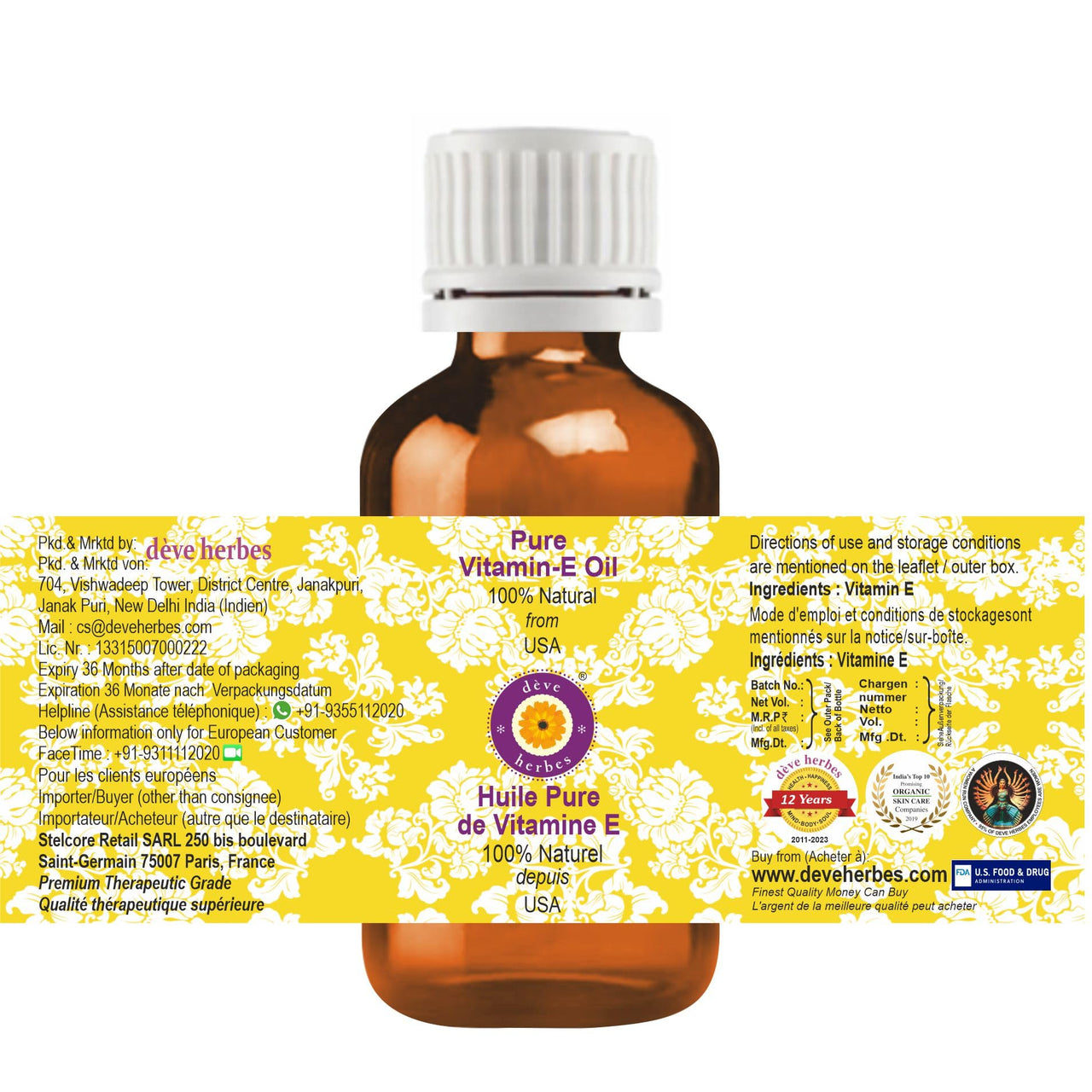 Deve Herbes Vitamin E Oil for Healthy Skin, Hair & Nails | Pure | Non-Sticky | Non-greasy | Lightweight | All Skin Types | Men and Women 100mlx2