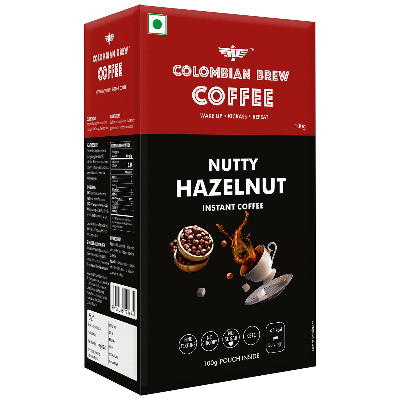 COLOMBIAN BREW COFFEE Hazelnut Instant Coffee Powder, No Sugar Vegan, 100g, Box & Colombian Brew Creamy Caramel Instant Coffee Powder, No Sugar Vegan, 100g
