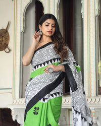 Shivanya Handicrafts Women's  Hand block printed cotton mulmul fabric saree With Blouse Piece Traditional Jaipuri Print_Vari