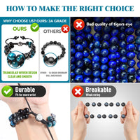 Triple Protection Bracelet - for Protect & Balance - Energy Crystal Bracelets for Men Women - Bring Good Luck & Prosperity - Tiger Eye Hematite & Black Obsidian Jewelry Natural Stone Healing Bracelet