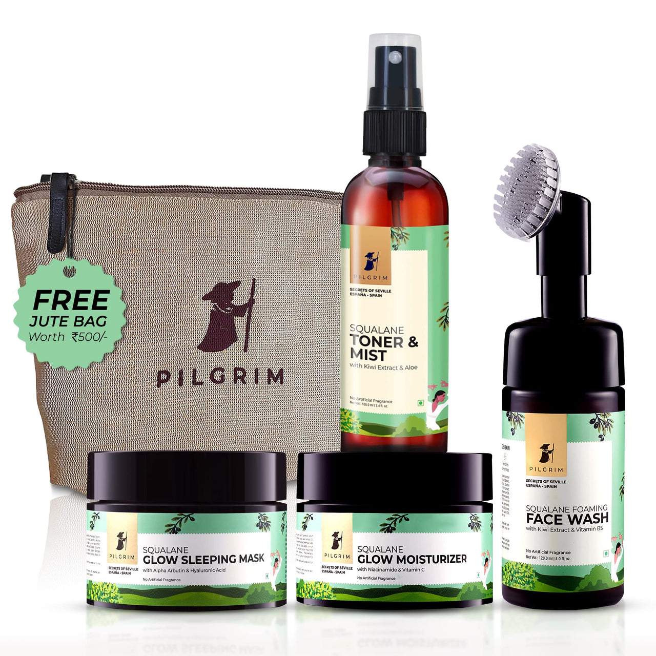 Pilgrim Squalane Daily Glow Skin Care Kit | Foaming Face Wash with Brush,120ml | Toner & Mist,100ml | Glow Moisturizer,50gm | Glow Sleeping Mask, 50gm | Facial Kit for Men & Women | FREE Jute Bag