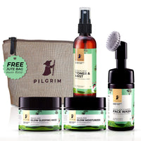 Pilgrim Squalane Daily Glow Skin Care Kit | Foaming Face Wash with Brush,120ml | Toner & Mist,100ml | Glow Moisturizer,50gm | Glow Sleeping Mask, 50gm | Facial Kit for Men & Women | FREE Jute Bag
