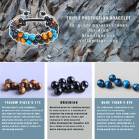 OAHERAS Beaded Bracelets for Men and Women Triple Protection Spiritual Healing Natural Yellow Blue Tiger Eye and Black Obsidian 8mm Stone Bead Energy Crystal Bracelet - Bring Good Luck and Happiness