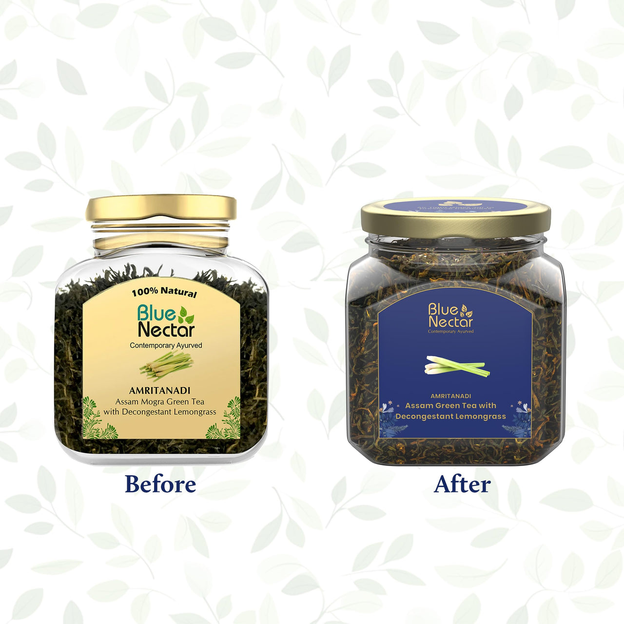Blue Nectar Green Tea Leaves with Decongestant Lemongrass | Loose Green Leaves Sourced from Assam | Reusable Glass Jar (50 gm + 15 gm Free)