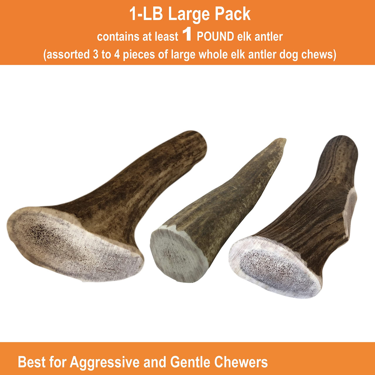 Elk Antler Chews for Dogs | Naturally Shed USA Collected Elk Antlers | All Natural A-Grade Premium Elk Antler Dog Chews | Product of USA, 1-LB Large Cuts Large (Pack of 1-LB)