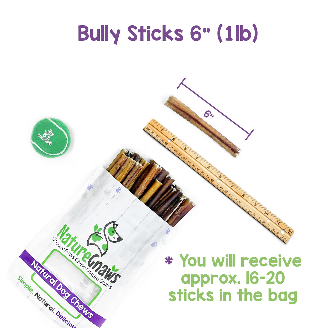 Nature Gnaws Bully Sticks for Dogs - Premium Natural Beef Dental Bones - Long Lasting Dog Chew Treats for Aggressive Chewers - Rawhide Free - 5-6 Inch