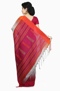 WoodenTant Women’s Ikkat Cotton Silk Saree In Pink with White Cotton Thread work