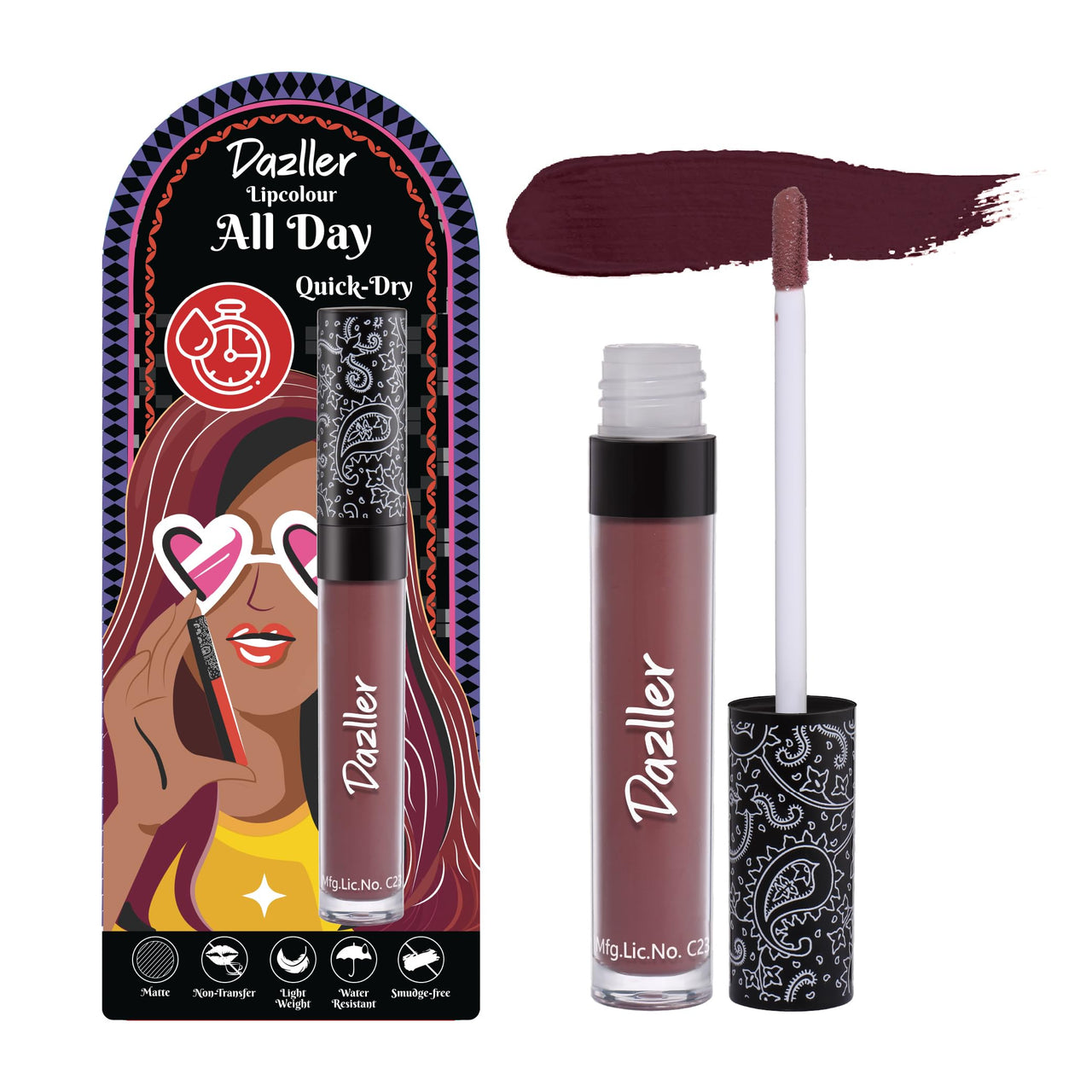Dazller All Day Lip Colour Quick Dry | Long-Stay | Lightweight | Matte Lipstick for Women | Enriched with Kokum Butter 6g (QDLC036 - Amapola, Quick Dry)