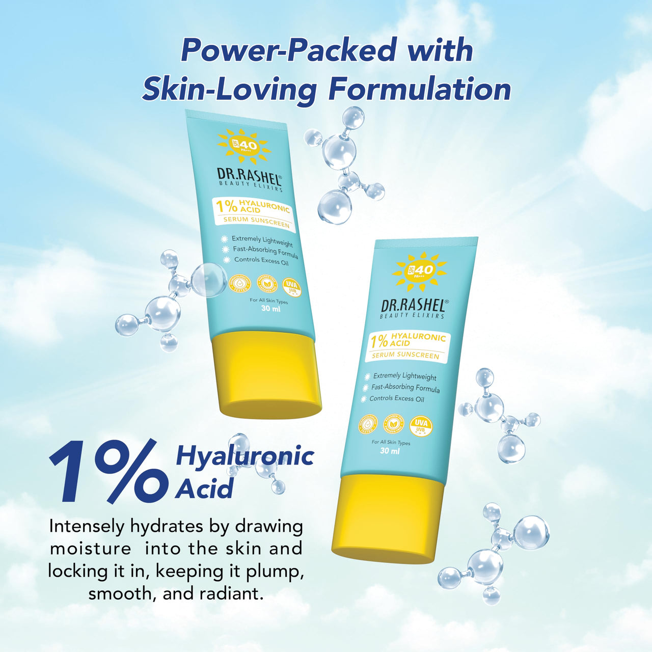 DR.RASHEL Hyaluronic Acid Serum Sunscreen, SPF 40, Fast-Absorbing, Oil Control, 30ml