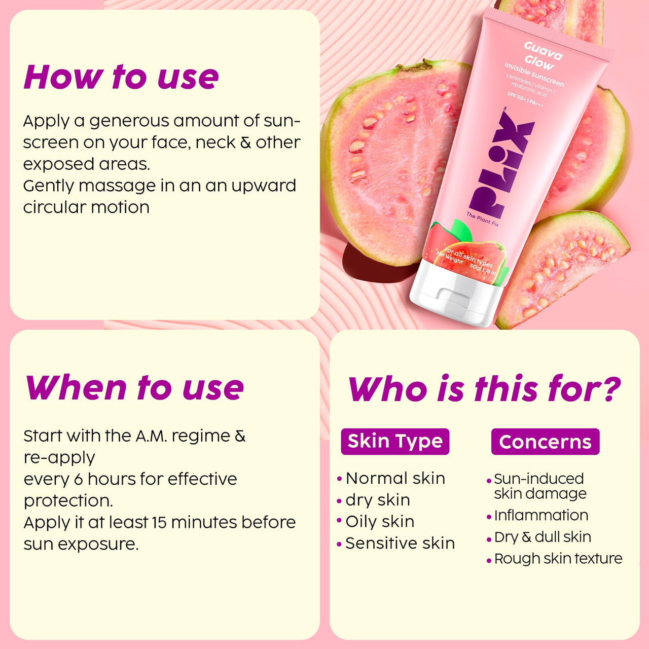 The Plant Fix Plix Vitamin C Guava Skincare Combo, Face Serum, Cleanser & Zero White Cast Sunscreen | For Skin Brightening & Sun Protection | UVA, UVB Shield & Hydration, For Men & Women