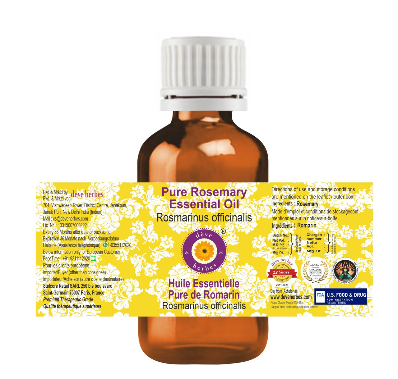 Deve Herbes Rosemary Essential Oil (Rosmarinus officinalis) for Healthy Hair Pure | Non-Sticky | Non-greasy | Lightweight | Men & Women | All Hair Types | 30ml