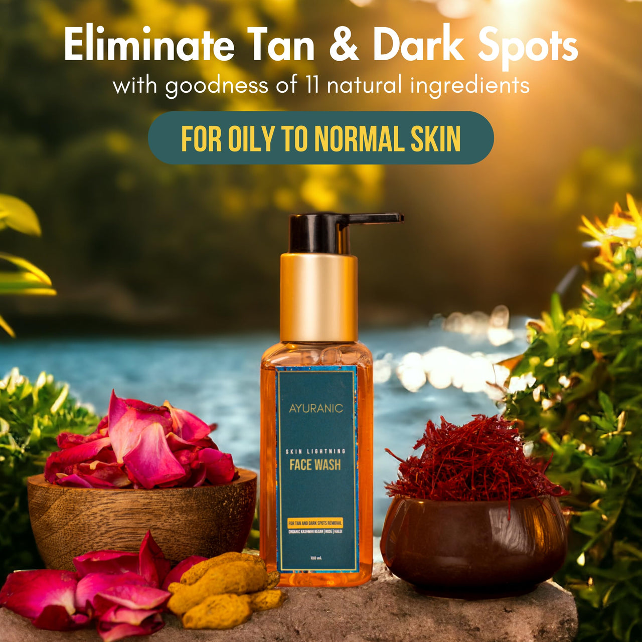 Ayuranic Tan & Dark Spots Removal Ayurvedic Face Wash For Glowing & Even Skin Tone | Kumkumadi Oil, Rose Water, Turmeric For Oily & Acne Prone Skin | Ayush Certified | (11 Natural Herbs, 100 ml)