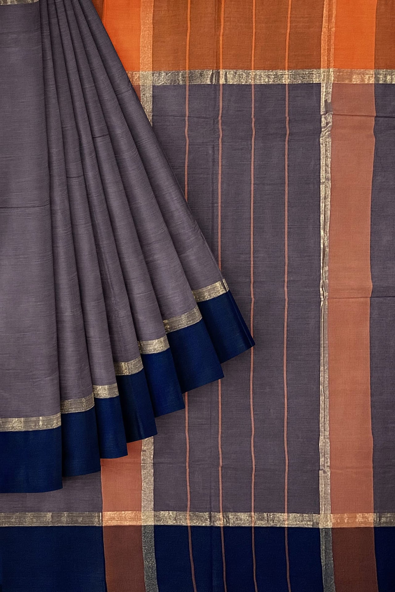 SENSAN Women’s Handloom Kanchi Cotton Saree with Blouse Piece [SKU:430] Light Beige×Navy Blue
