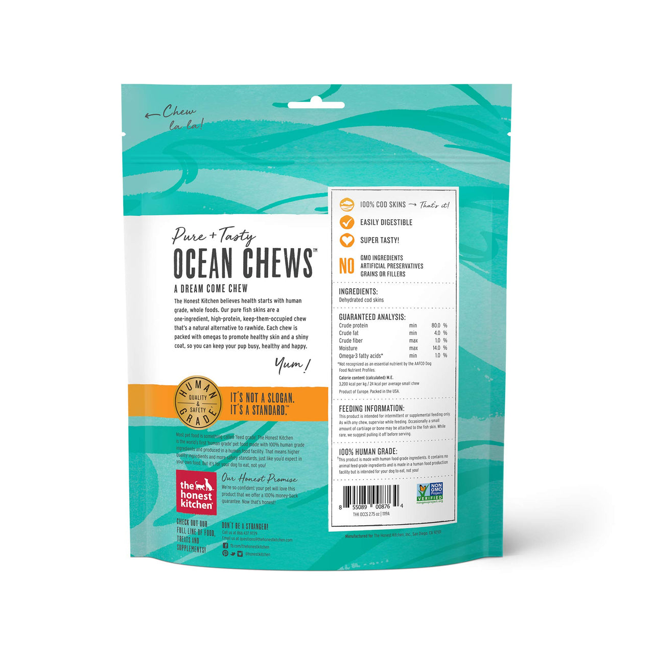 The Honest Kitchen Ocean Chews Crispy Cod Fish Skins Dog Treats, 2.75 oz (Beams)