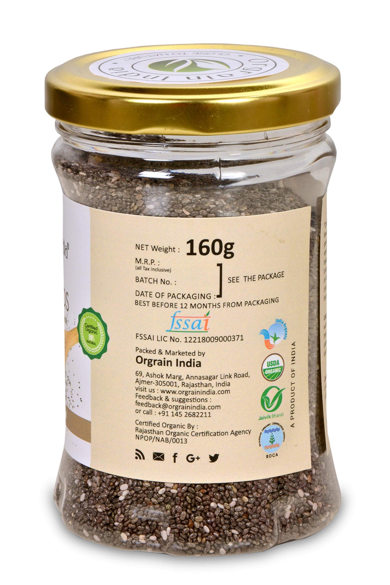 Orgrain India Organic Chia Seeds, 320g (Pack of 2 * 160g) | Company-Owned Farmlands | Omega 3 | Fiber for Weight Loss