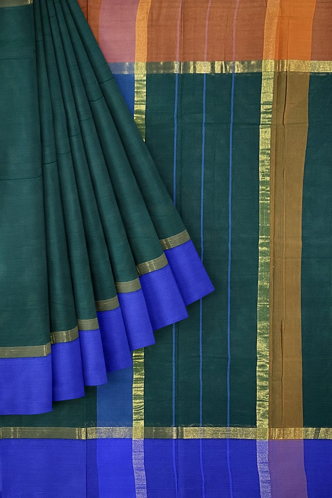 SENSAN Women’s Handloom Kanchi Cotton Saree with Blouse Piece [SKU:430] Light Beige×Navy Blue