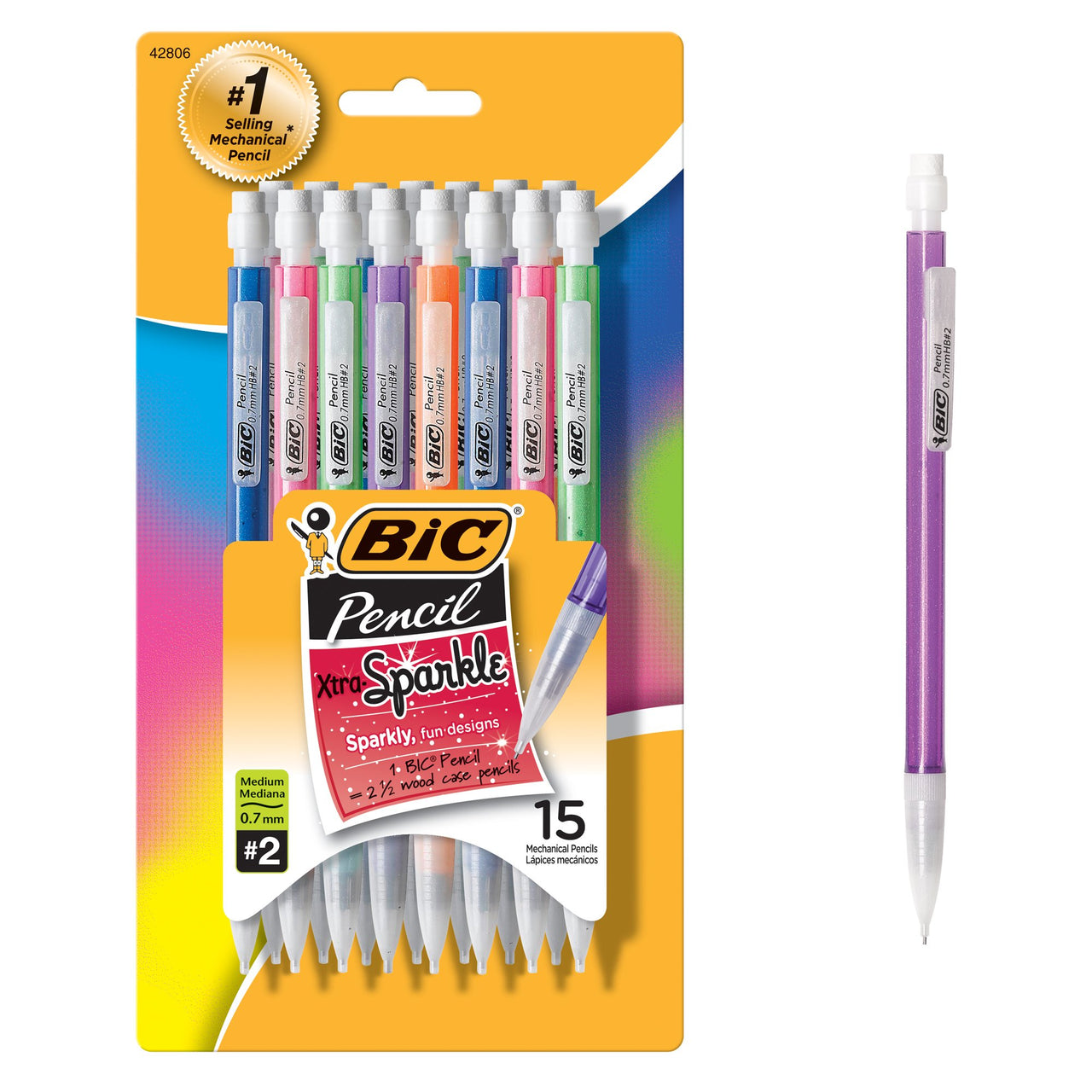 BIC Xtra-Sparkle Mechanical Pencil, Medium Point (0.7mm), Fun Design With Colorful Barrel, 15-Count 0.7mm 15 Count (Pack of 1)